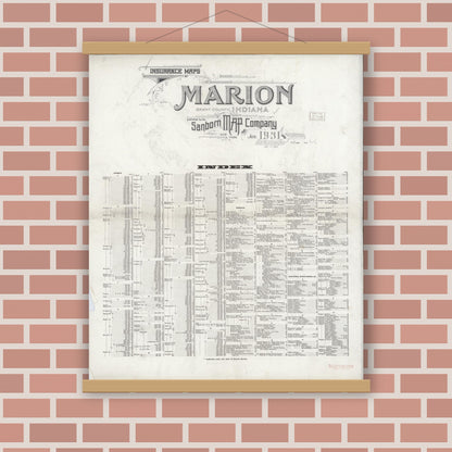 Old map wall art mockup — magnetic wood frame on brick wall — Sanborn Fire Insurance Map from Marion, Grant County, Indiana (1931), Sheet #0001