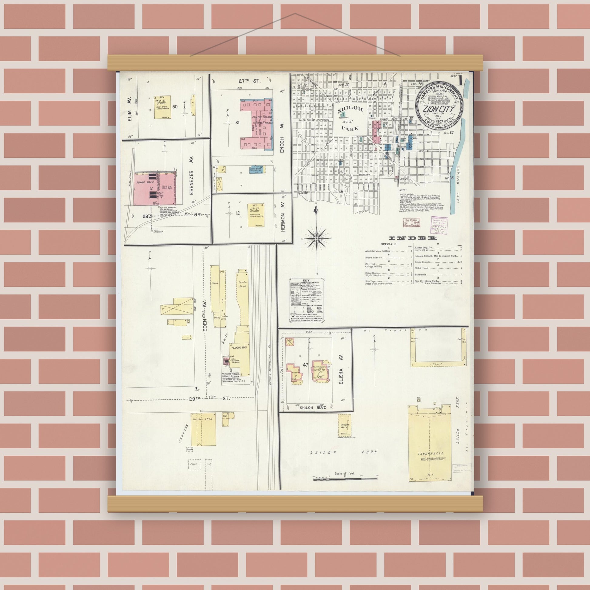Old map wall art mockup — magnetic wood frame on brick wall — Sanborn Fire Insurance Map from Zion, Lake County, Illinois (1907) - Complete Map Set