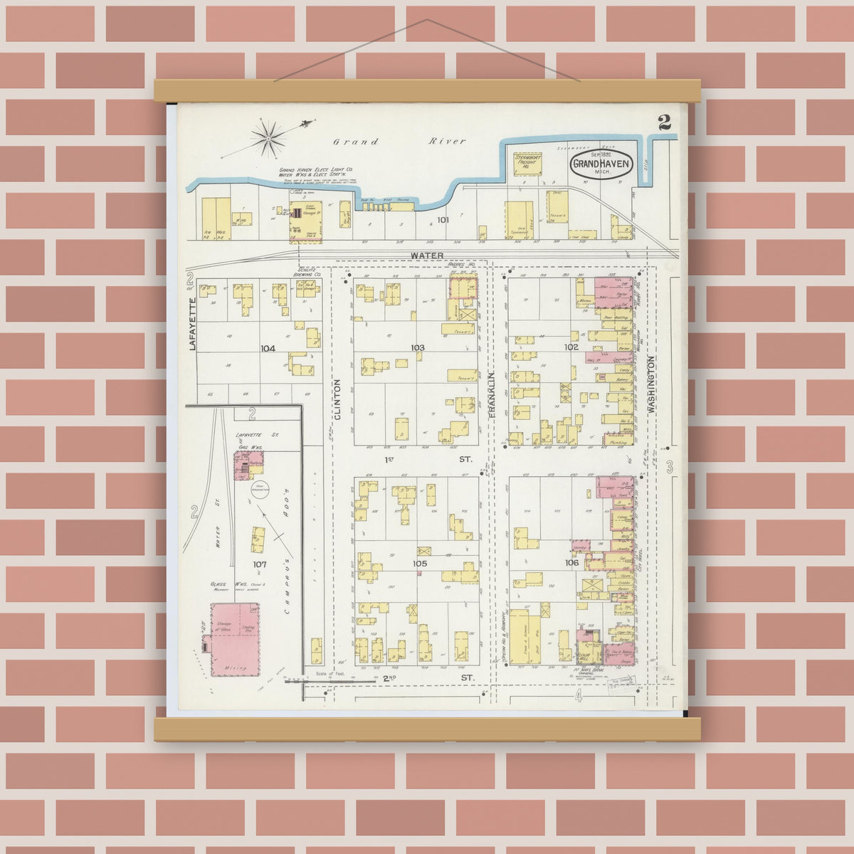 Old map wall art mockup — magnetic wood frame on brick wall — Sanborn Fire Insurance Map from Grand Haven, Ottawa County, Michigan (1892), Sheet #0002