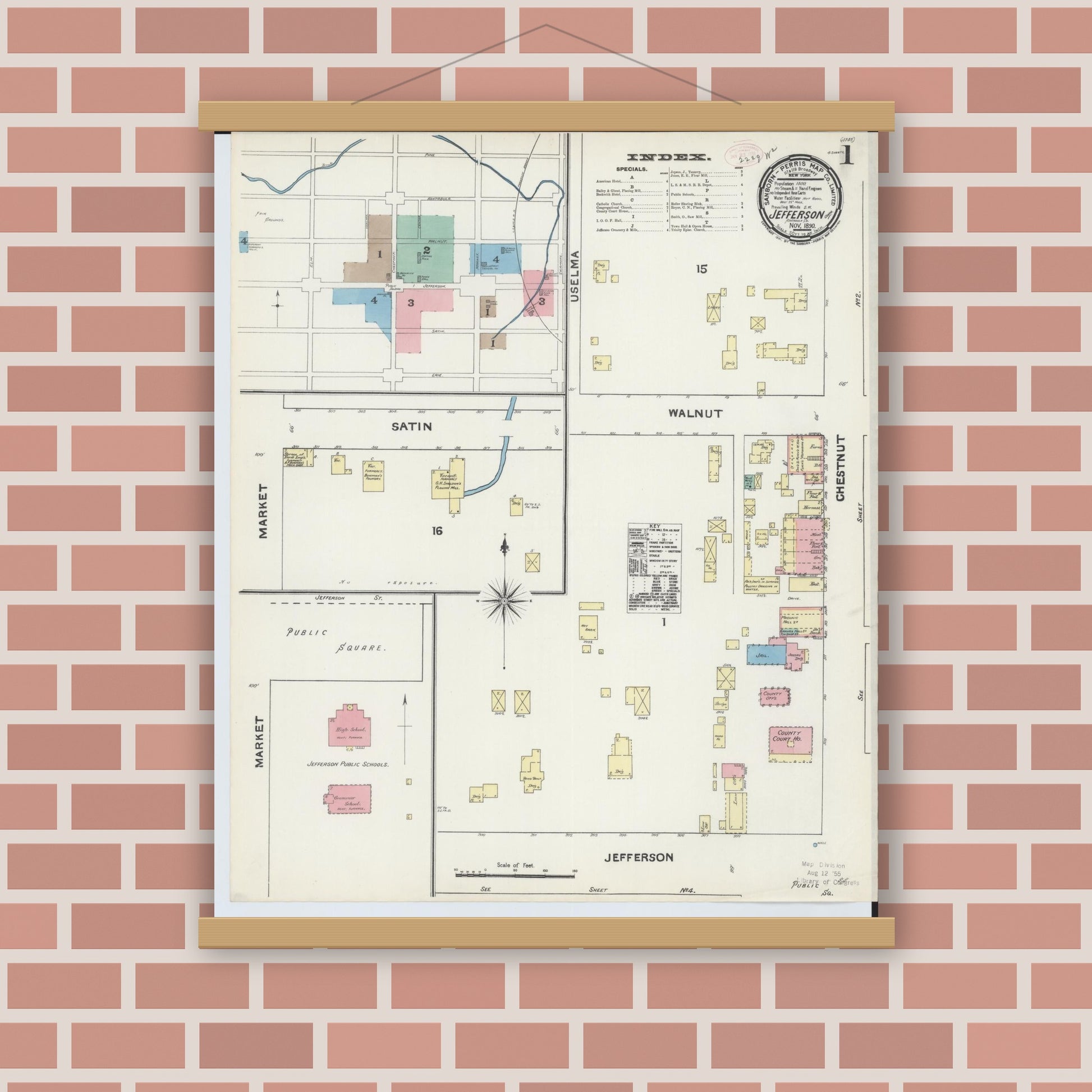 Old map wall art mockup — magnetic wood frame on brick wall — Sanborn Fire Insurance Map from Jefferson, Ashtabula County, Ohio (1890), Sheet #0001