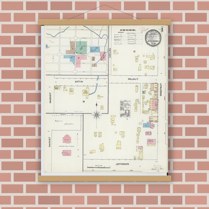 Old map wall art mockup — magnetic wood frame on brick wall — Sanborn Fire Insurance Map from Jefferson, Ashtabula County, Ohio (1890), Sheet #0001
