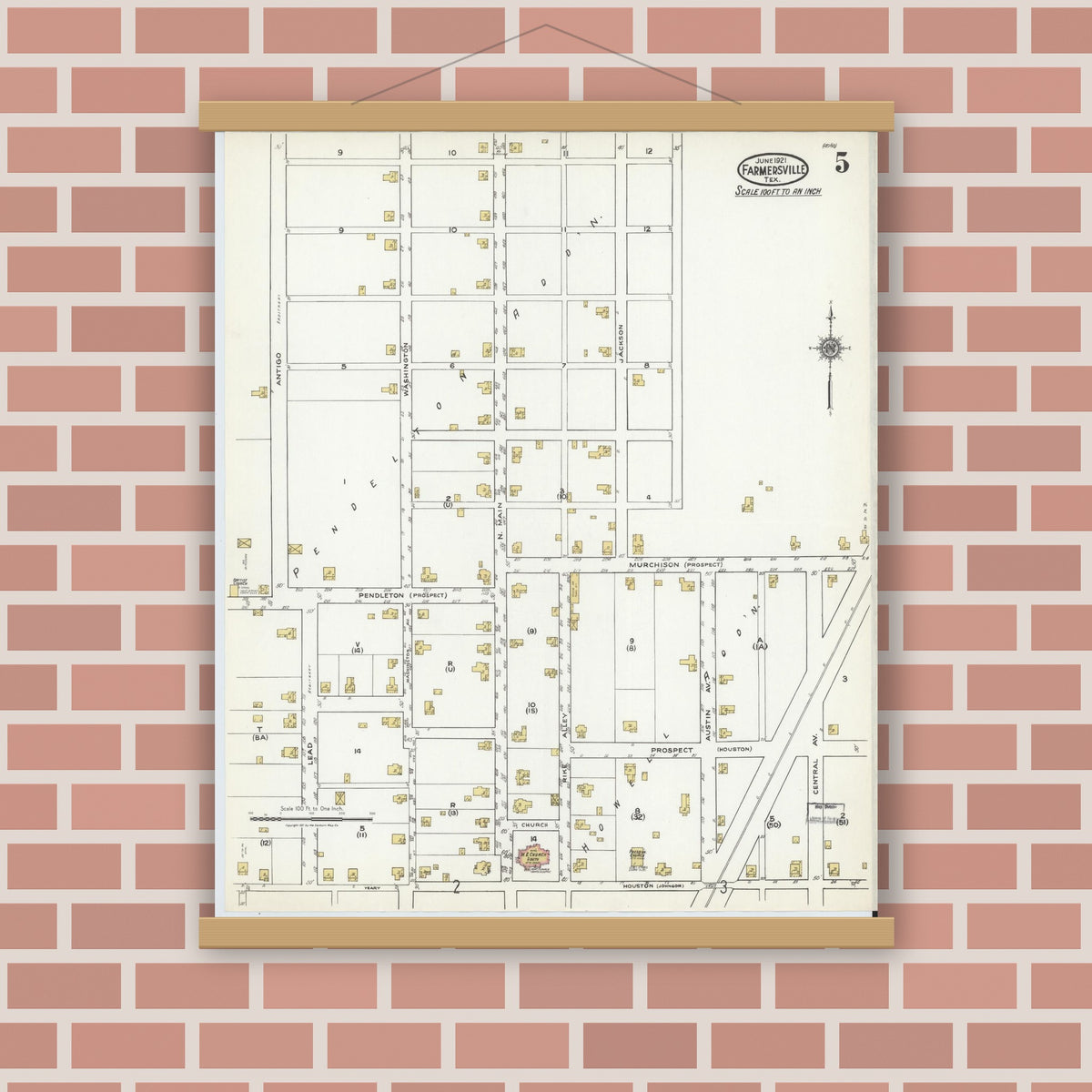 Old map wall art mockup — magnetic wood frame on brick wall — Sanborn Fire Insurance Map from Farmersville, Collin County, Texas (1921), Sheet #0005