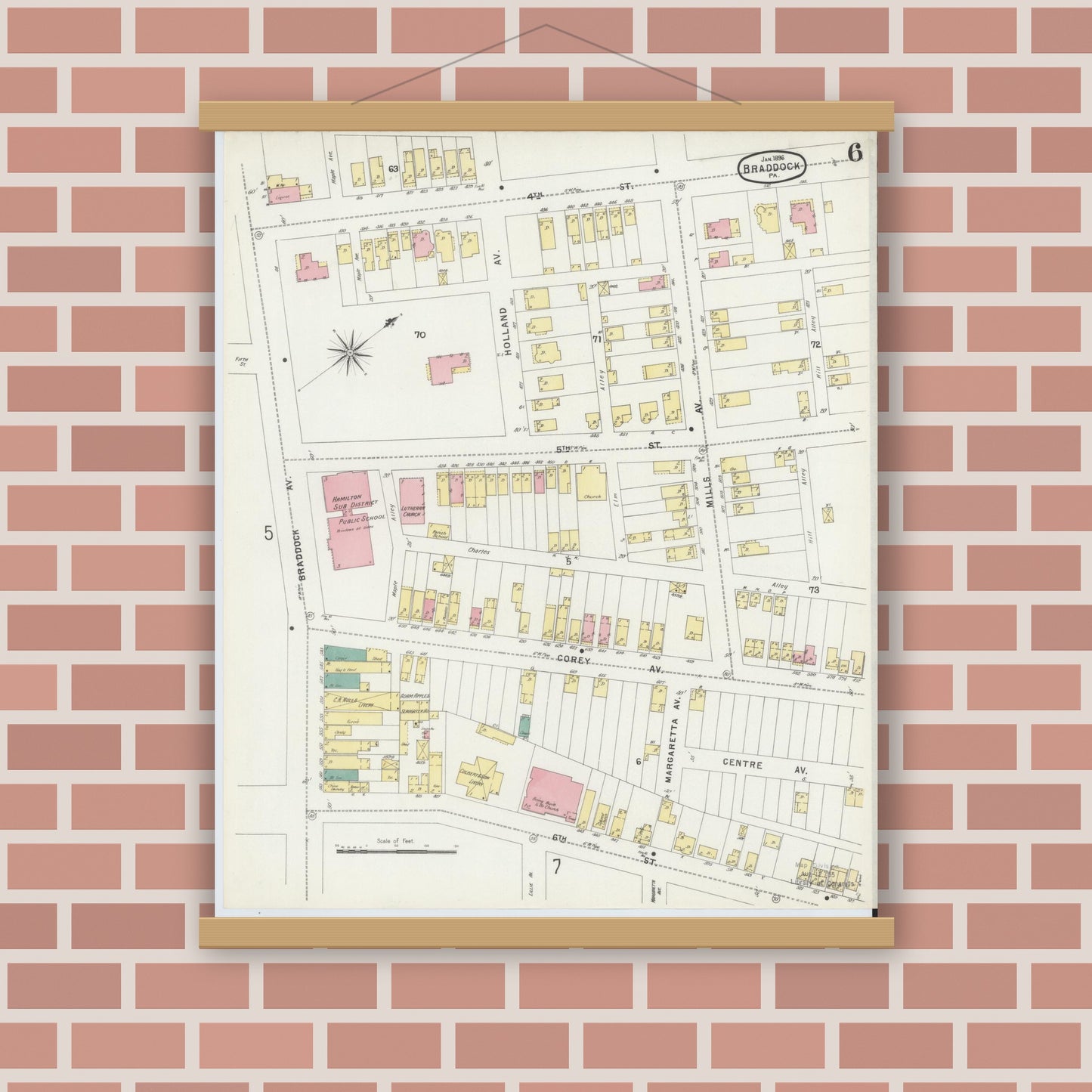 Old map wall art mockup — magnetic wood frame on brick wall — Sanborn Fire Insurance Map from Braddock, Allegheny County, Pennsylvania (1896), Sheet #0006