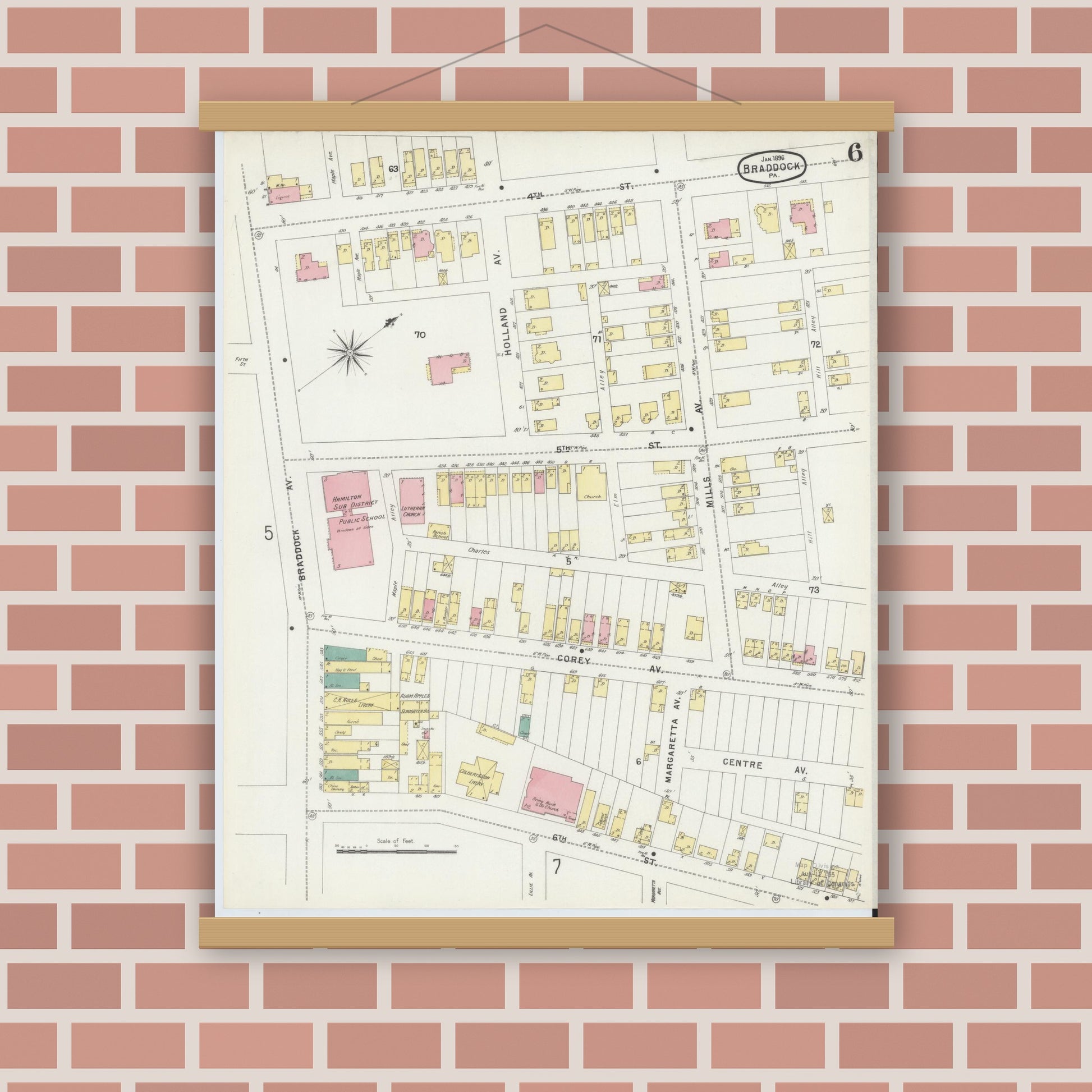 Old map wall art mockup — magnetic wood frame on brick wall — Sanborn Fire Insurance Map from Braddock, Allegheny County, Pennsylvania (1896), Sheet #0006