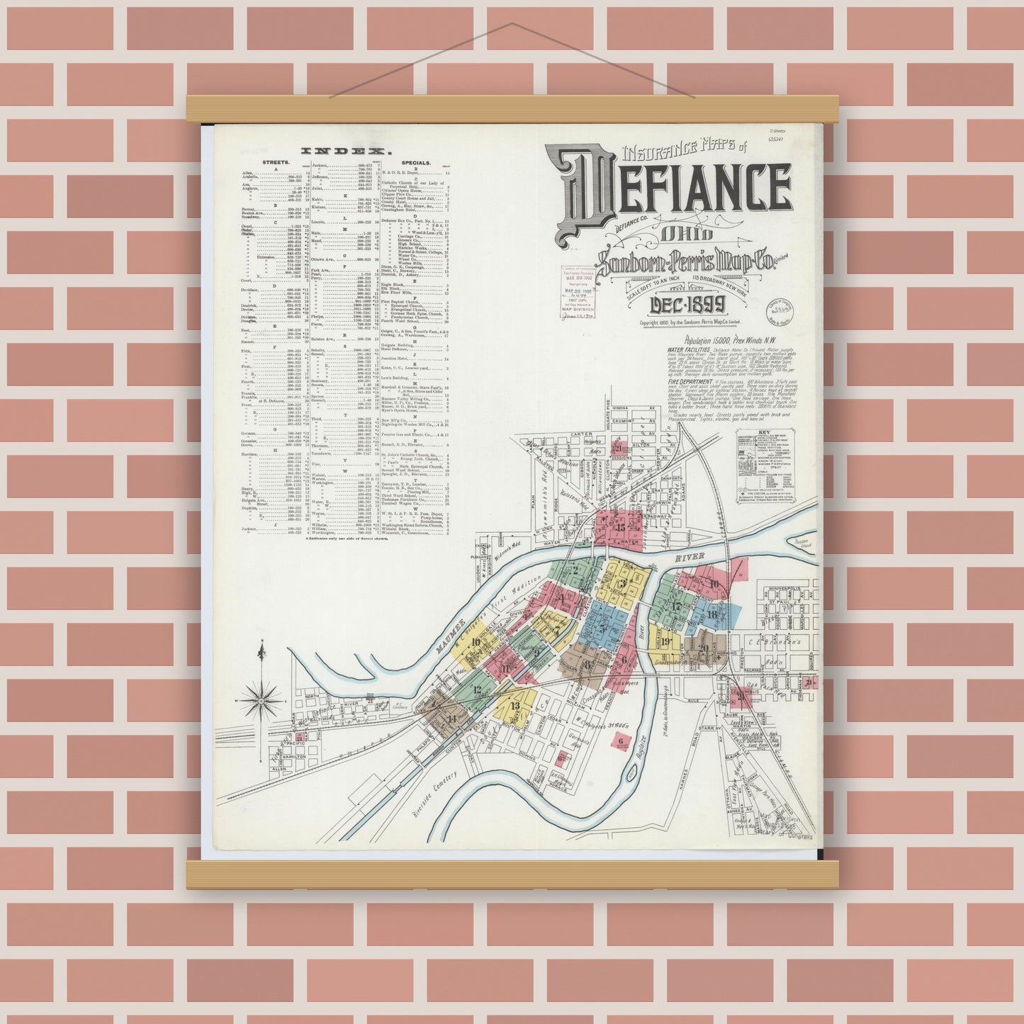 Old map wall art mockup — magnetic wood frame on brick wall — Sanborn Fire Insurance Map from Defiance, Defiance County, Ohio (1899), Sheet #0001