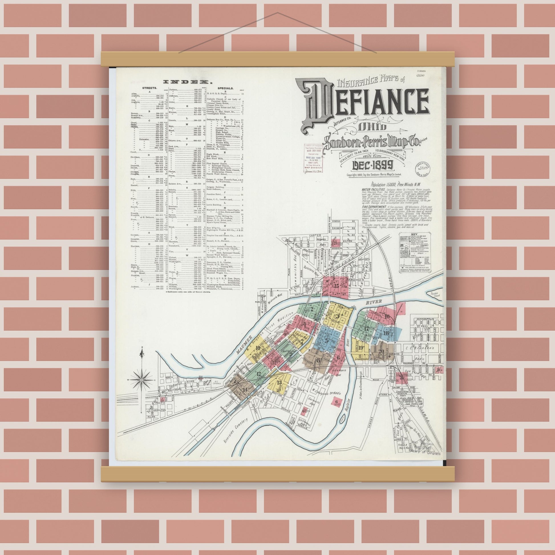 Old map wall art mockup — magnetic wood frame on brick wall — Sanborn Fire Insurance Map from Defiance, Defiance County, Ohio (1899), Sheet #0001