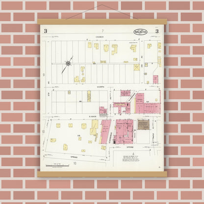 Old map wall art mockup — magnetic wood frame on brick wall — Sanborn Fire Insurance Map from Burlington, Alamance County, North Carolina (1924), Sheet #0003