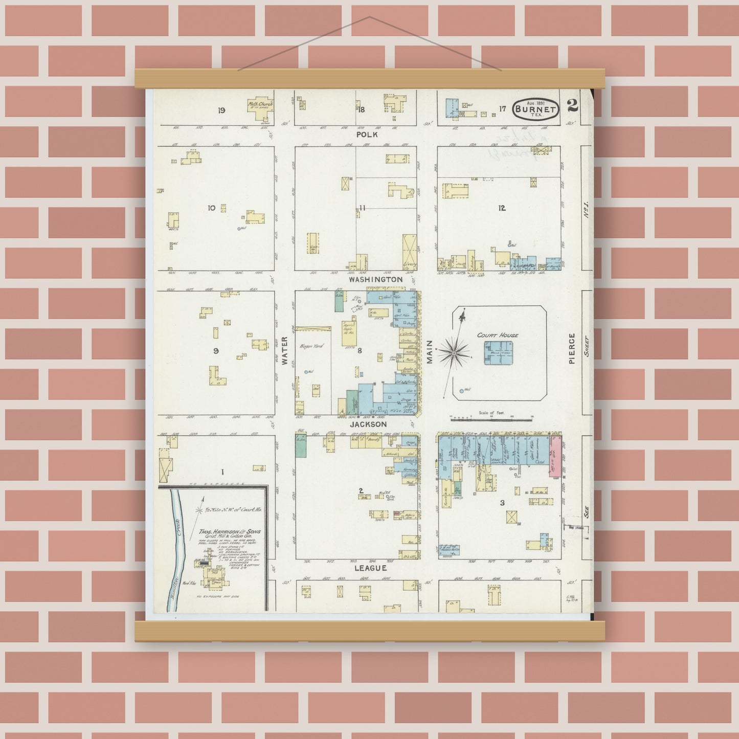 Old map wall art mockup — magnetic wood frame on brick wall — Sanborn Fire Insurance Map from Burnet, Burnet County, Texas (1891), Sheet #0002