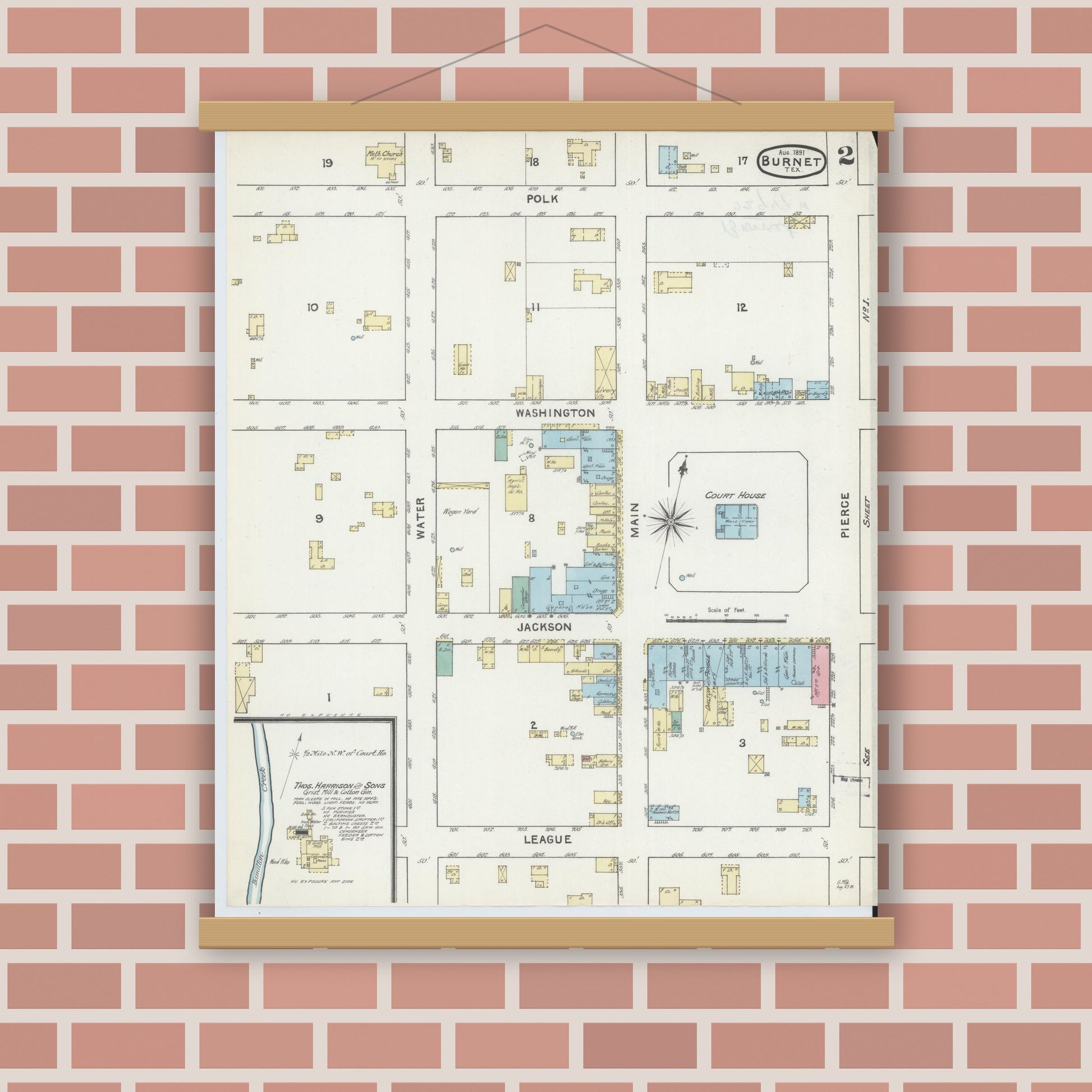 Old map wall art mockup — magnetic wood frame on brick wall — Sanborn Fire Insurance Map from Burnet, Burnet County, Texas (1891), Sheet #0002
