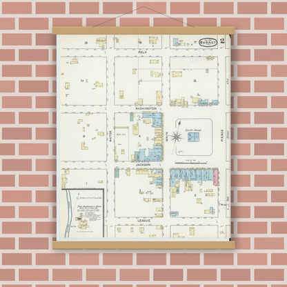 Old map wall art mockup — magnetic wood frame on brick wall — Sanborn Fire Insurance Map from Burnet, Burnet County, Texas (1891), Sheet #0002