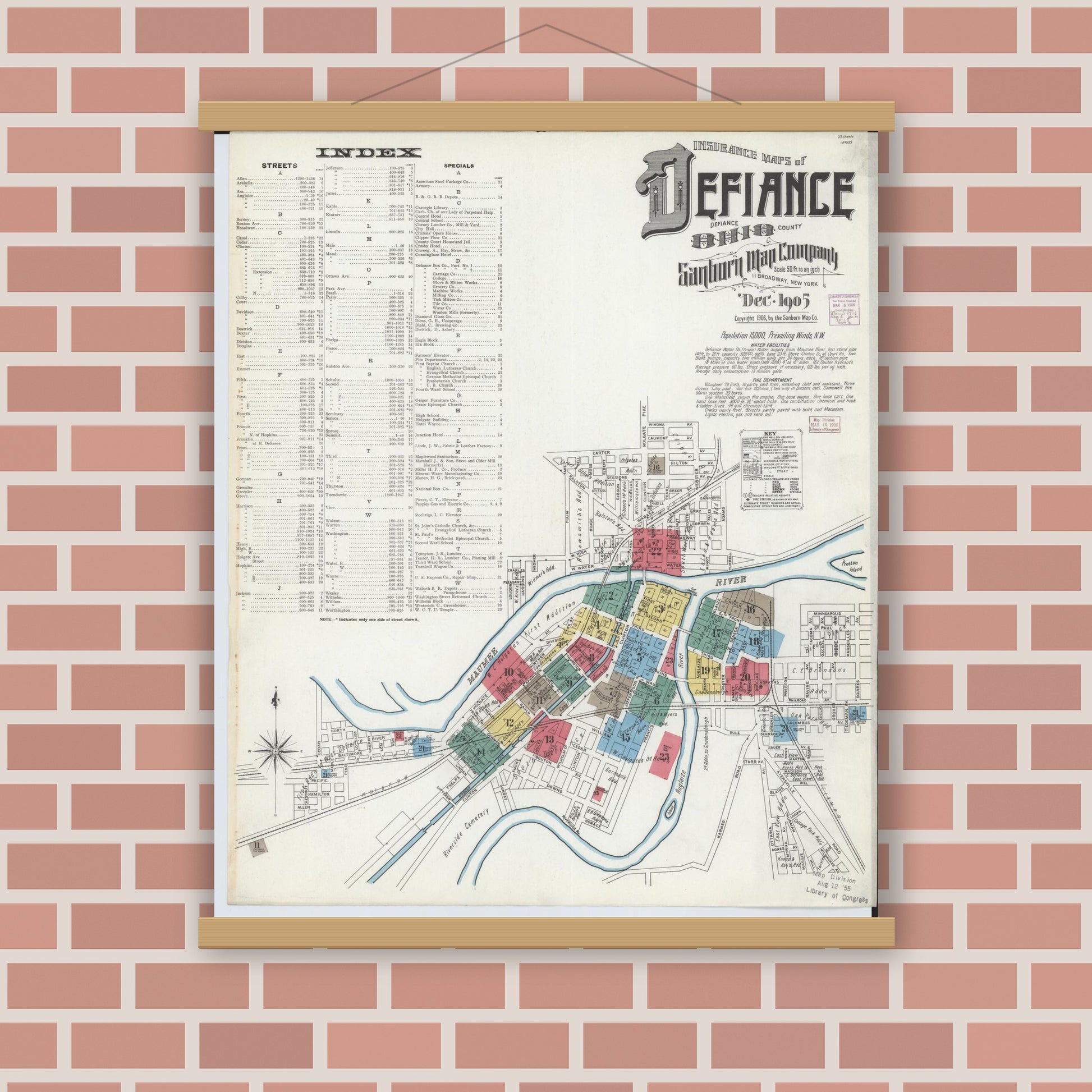Old map wall art mockup — magnetic wood frame on brick wall — Sanborn Fire Insurance Map from Defiance, Defiance County, Ohio (1905), Sheet #0001