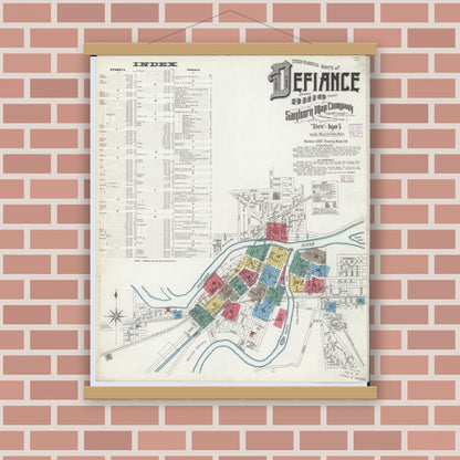 Old map wall art mockup — magnetic wood frame on brick wall — Sanborn Fire Insurance Map from Defiance, Defiance County, Ohio (1905), Sheet #0001