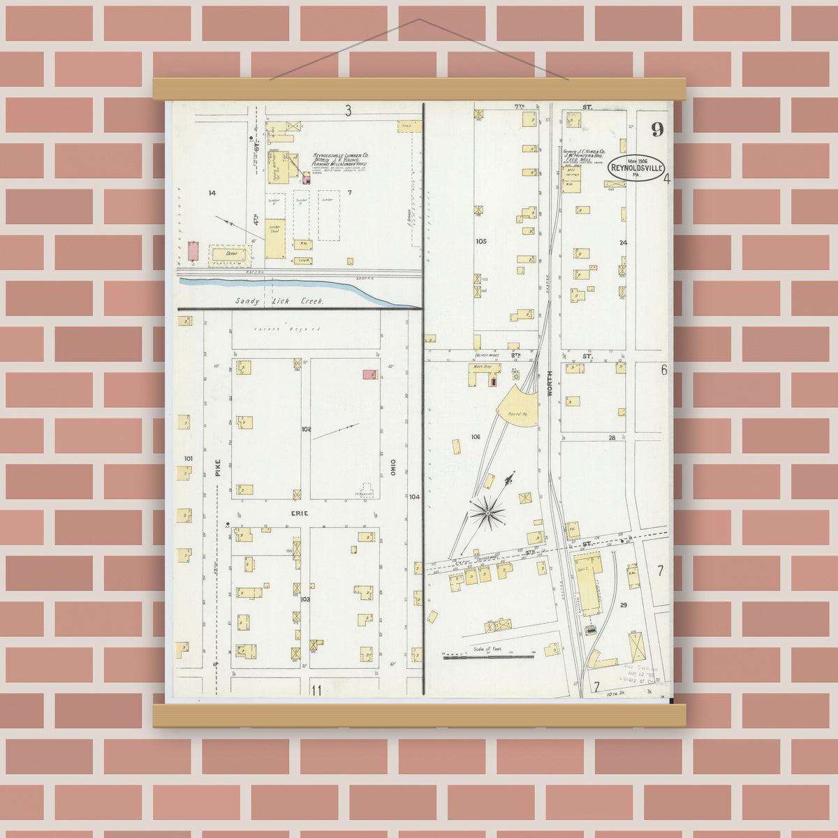 Old map wall art mockup — magnetic wood frame on brick wall — Sanborn Fire Insurance Map from Reynoldsville, Jefferson County, Pennsylvania (1906), Sheet #0009