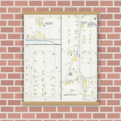 Old map wall art mockup — magnetic wood frame on brick wall — Sanborn Fire Insurance Map from Reynoldsville, Jefferson County, Pennsylvania (1906), Sheet #0009
