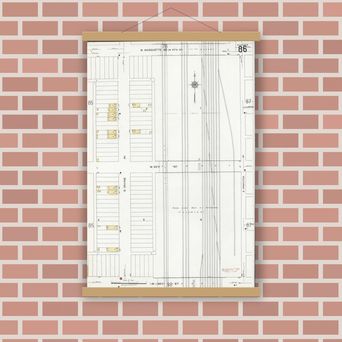 Old map wall art mockup — magnetic wood frame on brick wall — Sanborn Fire Insurance Map from Chicago, Cook County, Illinois (1920), Sheet #0086