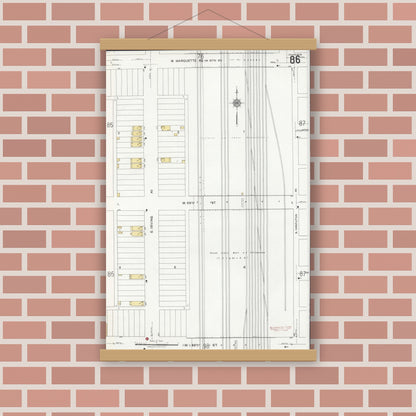 Old map wall art mockup — magnetic wood frame on brick wall — Sanborn Fire Insurance Map from Chicago, Cook County, Illinois (1920), Sheet #0086