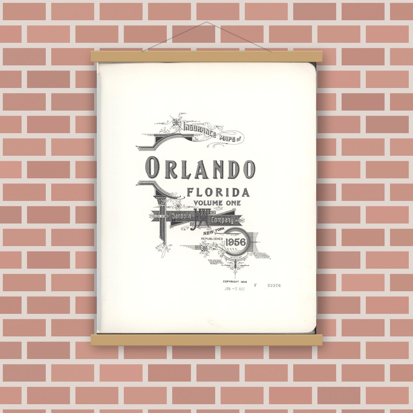 Old map wall art mockup — magnetic wood frame on brick wall — Sanborn Fire Insurance Map from Orlando, Orange County, Florida (1956), Sheet #0001