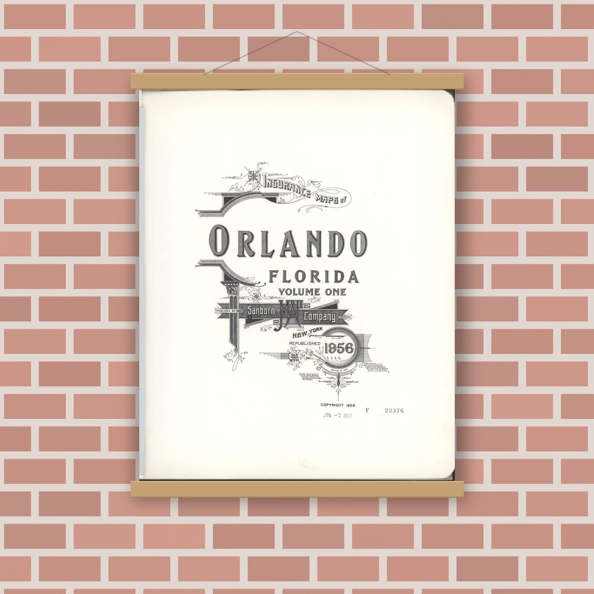 Old map wall art mockup — magnetic wood frame on brick wall — Sanborn Fire Insurance Map from Orlando, Orange County, Florida (1956), Sheet #0001