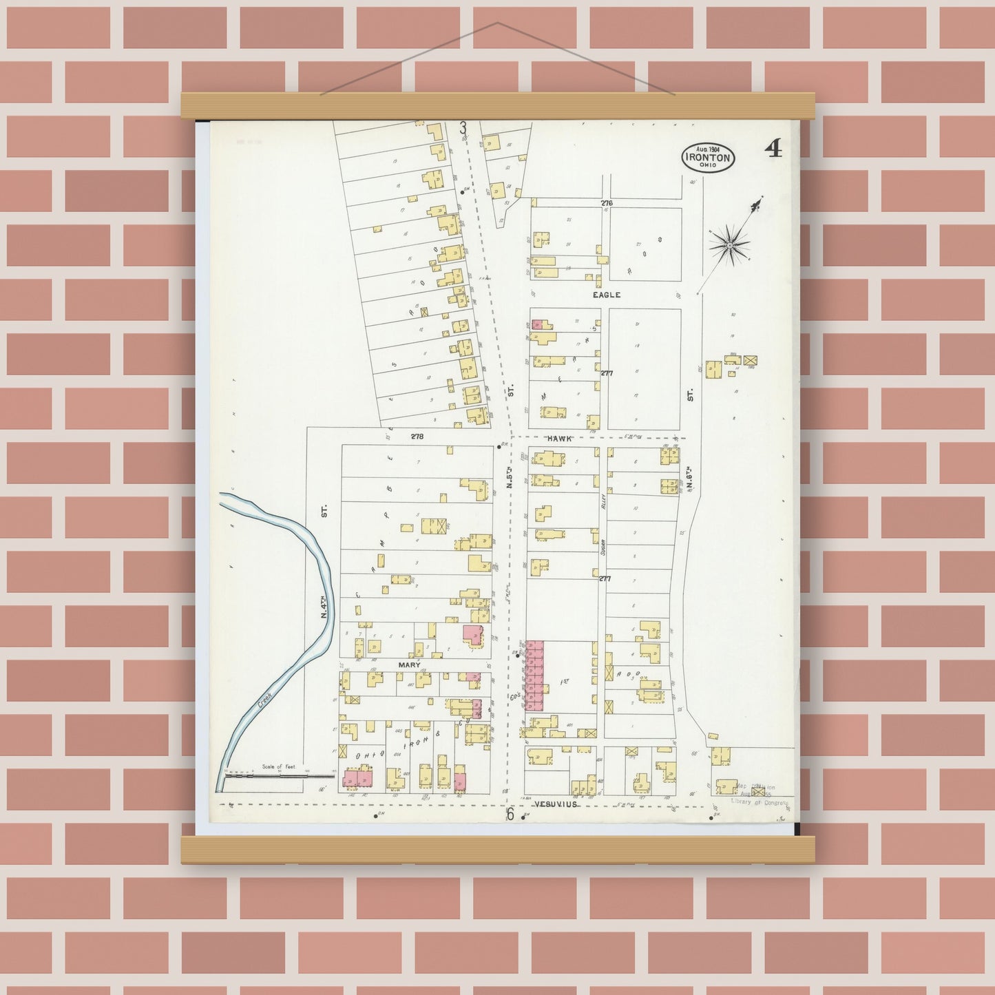 Old map wall art mockup — magnetic wood frame on brick wall — Sanborn Fire Insurance Map from Ironton, Lawrence County, Ohio (1904), Sheet #0004