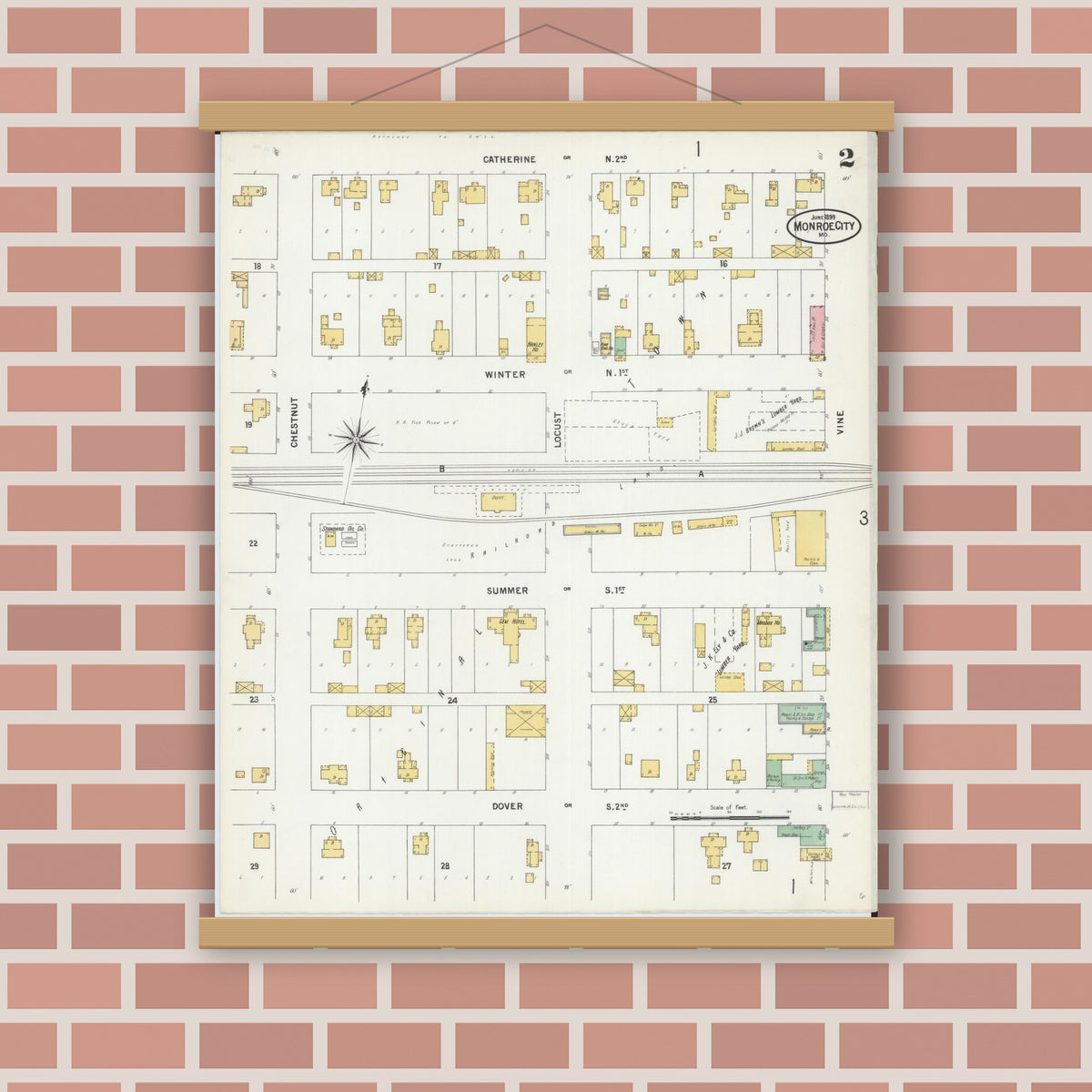 Old map wall art mockup — magnetic wood frame on brick wall — Sanborn Fire Insurance Map from Monroe City, Monroe County, Missouri (1899), Sheet #0002