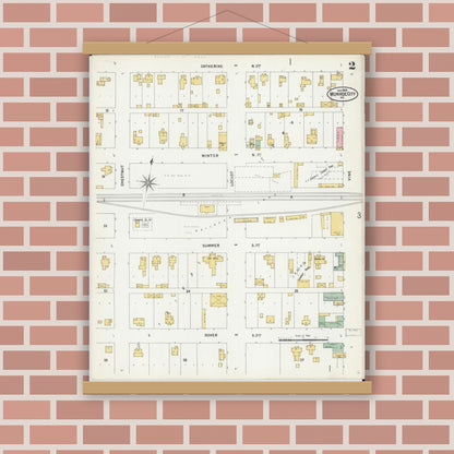 Old map wall art mockup — magnetic wood frame on brick wall — Sanborn Fire Insurance Map from Monroe City, Monroe County, Missouri (1899), Sheet #0002