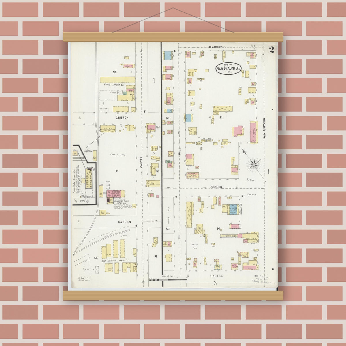 Old map wall art mockup — magnetic wood frame on brick wall — Sanborn Fire Insurance Map from New Braunfels, Comal County, Texas (1896), Sheet #0002