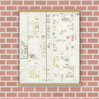 Old map wall art mockup — magnetic wood frame on brick wall — Sanborn Fire Insurance Map from New Braunfels, Comal County, Texas (1896), Sheet #0002