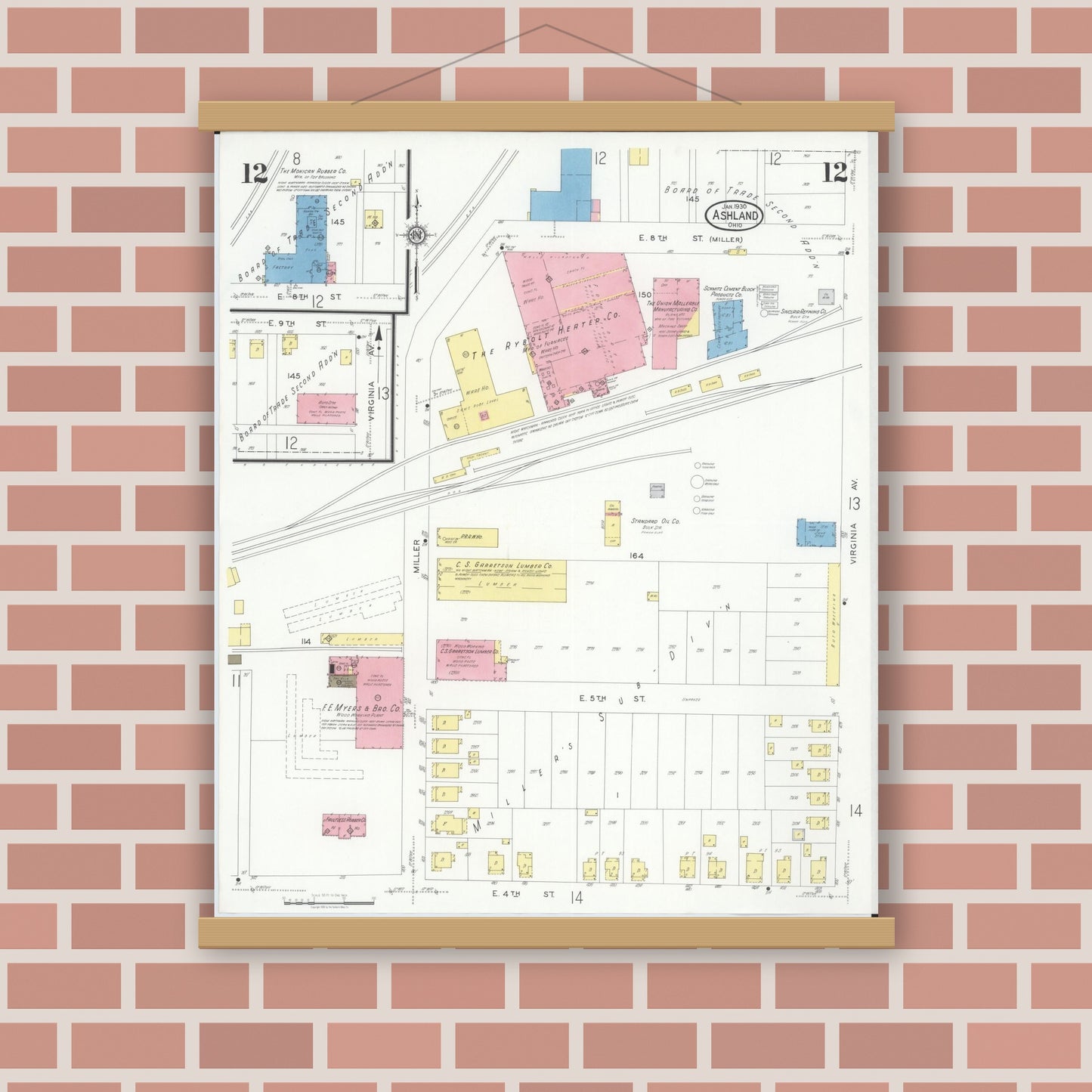 Old map wall art mockup — magnetic wood frame on brick wall — Sanborn Fire Insurance Map from Ashland, Ashland County, Ohio (1930), Sheet #0012