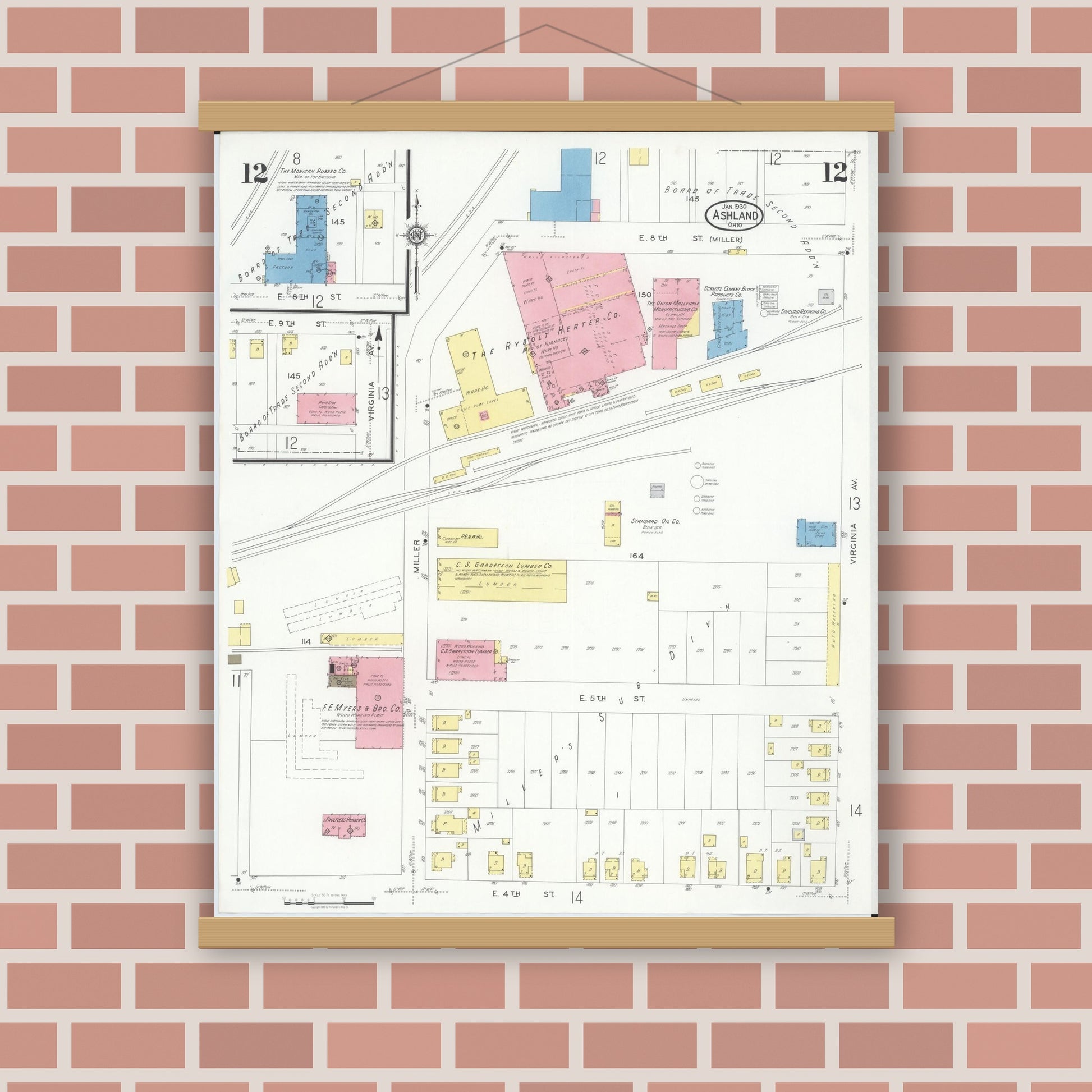 Old map wall art mockup — magnetic wood frame on brick wall — Sanborn Fire Insurance Map from Ashland, Ashland County, Ohio (1930), Sheet #0012