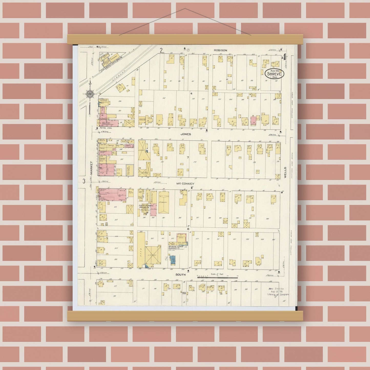 Old map wall art mockup — magnetic wood frame on brick wall — Sanborn Fire Insurance Map from Shreve, Wayne County, Ohio (1913), Sheet #0004