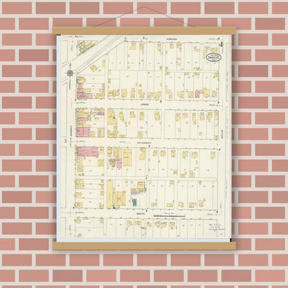 Old map wall art mockup — magnetic wood frame on brick wall — Sanborn Fire Insurance Map from Shreve, Wayne County, Ohio (1913), Sheet #0004