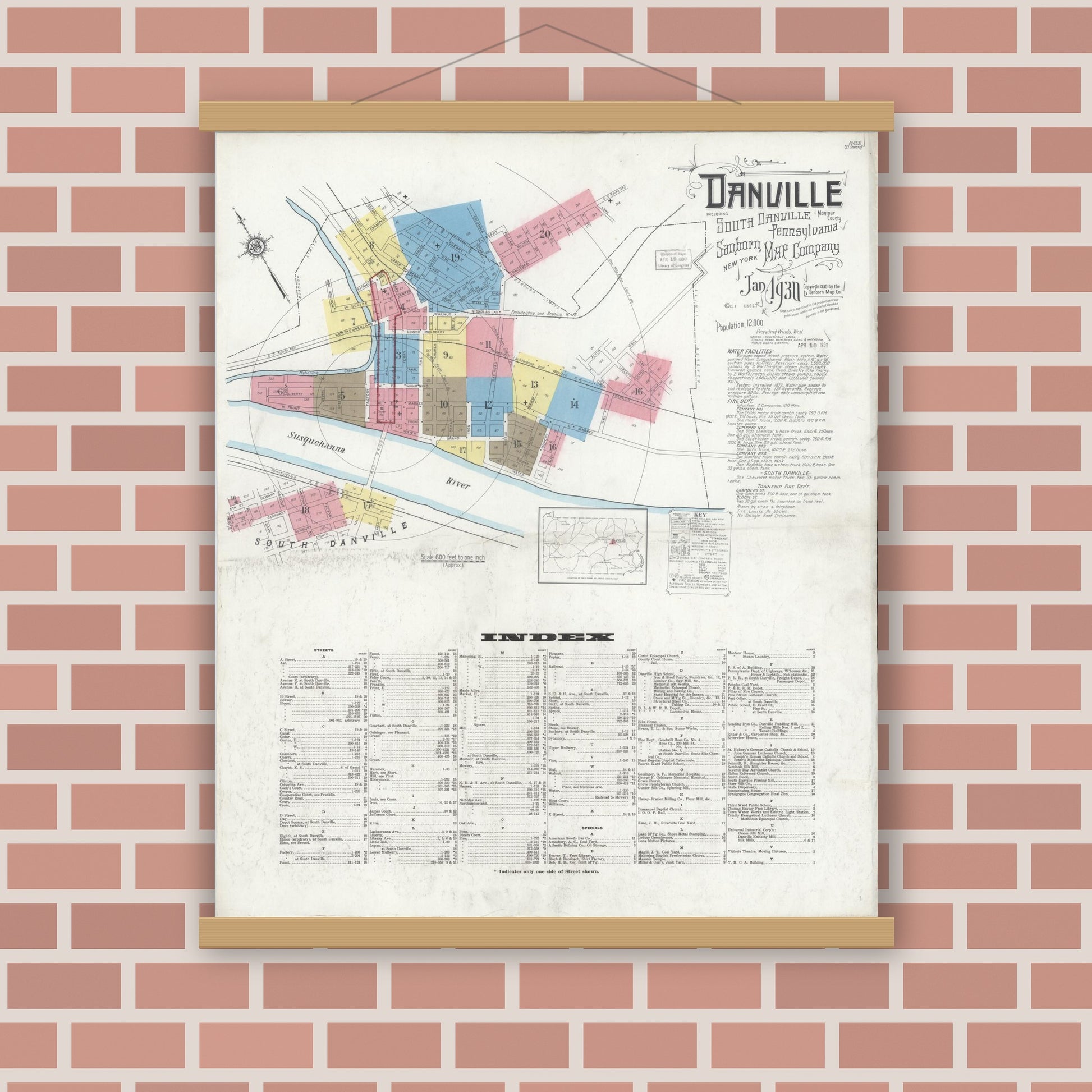 Old map wall art mockup — magnetic wood frame on brick wall — Sanborn Fire Insurance Map from Danville, Montour County, Pennsylvania (1930) - Complete Map Set