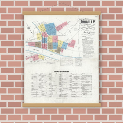 Old map wall art mockup — magnetic wood frame on brick wall — Sanborn Fire Insurance Map from Danville, Montour County, Pennsylvania (1930) - Complete Map Set