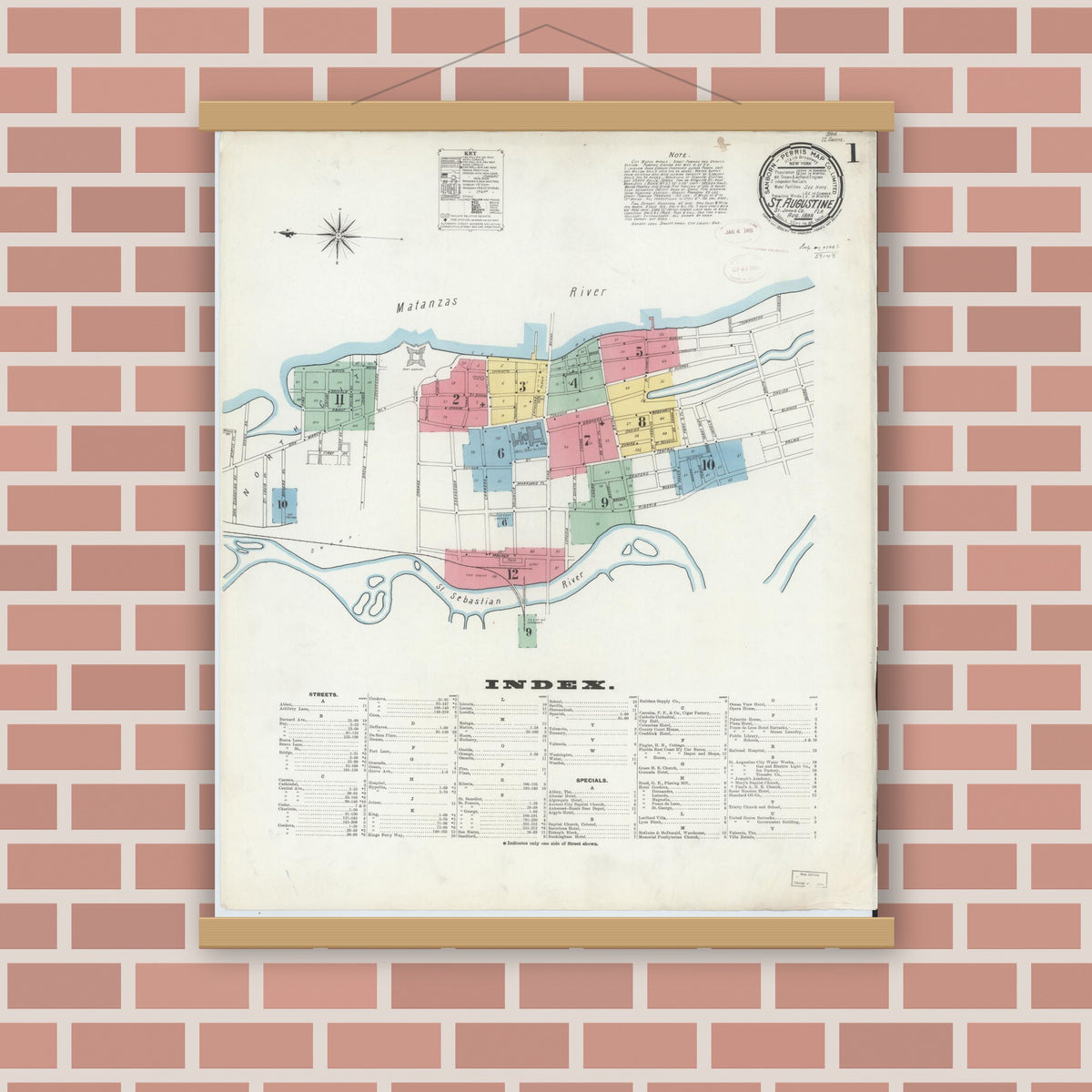 Old map wall art mockup — magnetic wood frame on brick wall — Sanborn Fire Insurance Map from Saint Augustine, Saint John's County, Florida (1899) - Complete Map Set