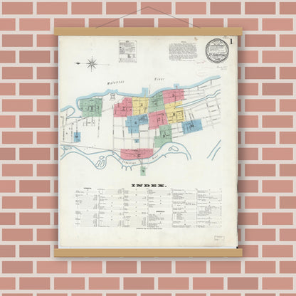 Old map wall art mockup — magnetic wood frame on brick wall — Sanborn Fire Insurance Map from Saint Augustine, Saint John's County, Florida (1899) - Complete Map Set