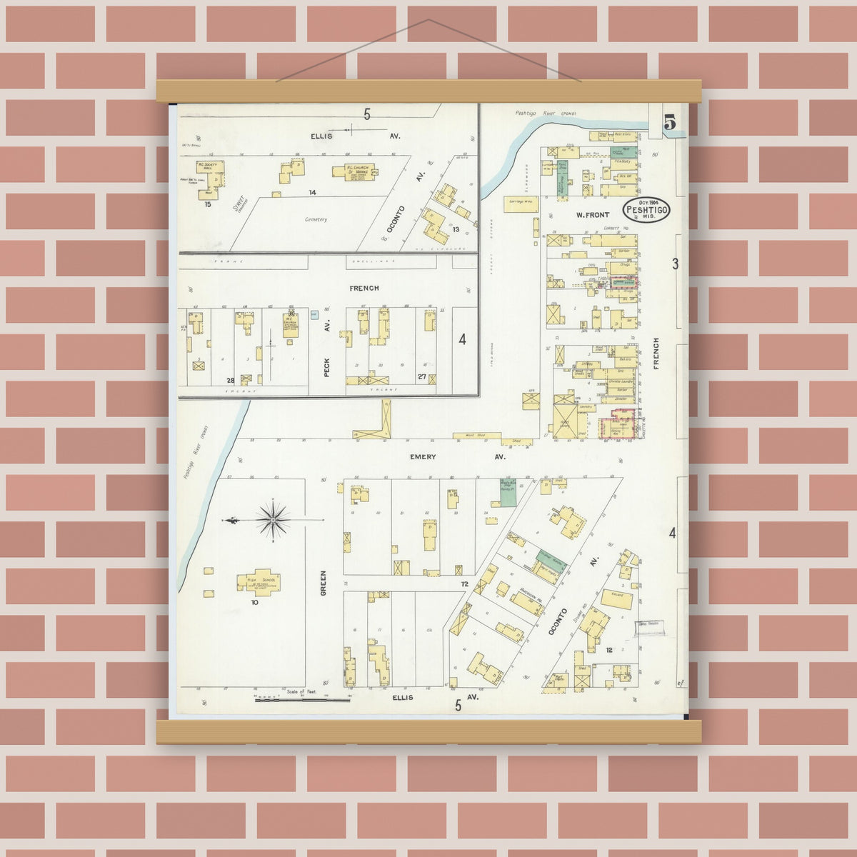 Old map wall art mockup — magnetic wood frame on brick wall — Sanborn Fire Insurance Map from Peshtigo, Marinette County, Wisconsin (1904), Sheet #0005