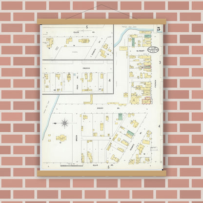 Old map wall art mockup — magnetic wood frame on brick wall — Sanborn Fire Insurance Map from Peshtigo, Marinette County, Wisconsin (1904), Sheet #0005