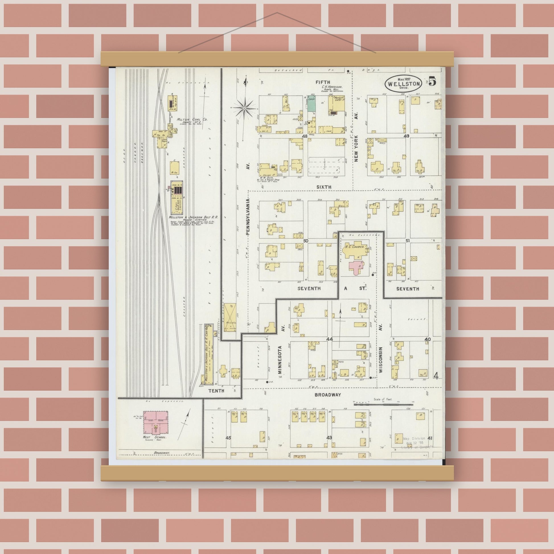 Old map wall art mockup — magnetic wood frame on brick wall — Sanborn Fire Insurance Map from Wellston, Jackson County, Ohio (1897), Sheet #0005