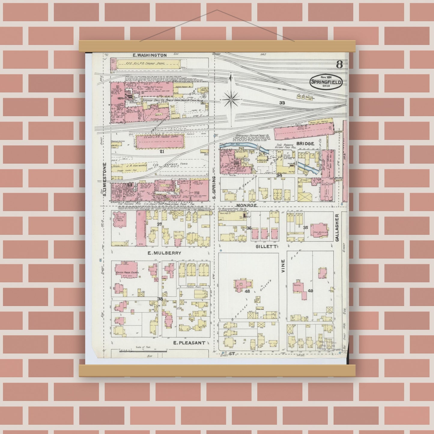 Old map wall art mockup — magnetic wood frame on brick wall — Sanborn Fire Insurance Map from Springfield, Clark County, Ohio (1891), Sheet #0008