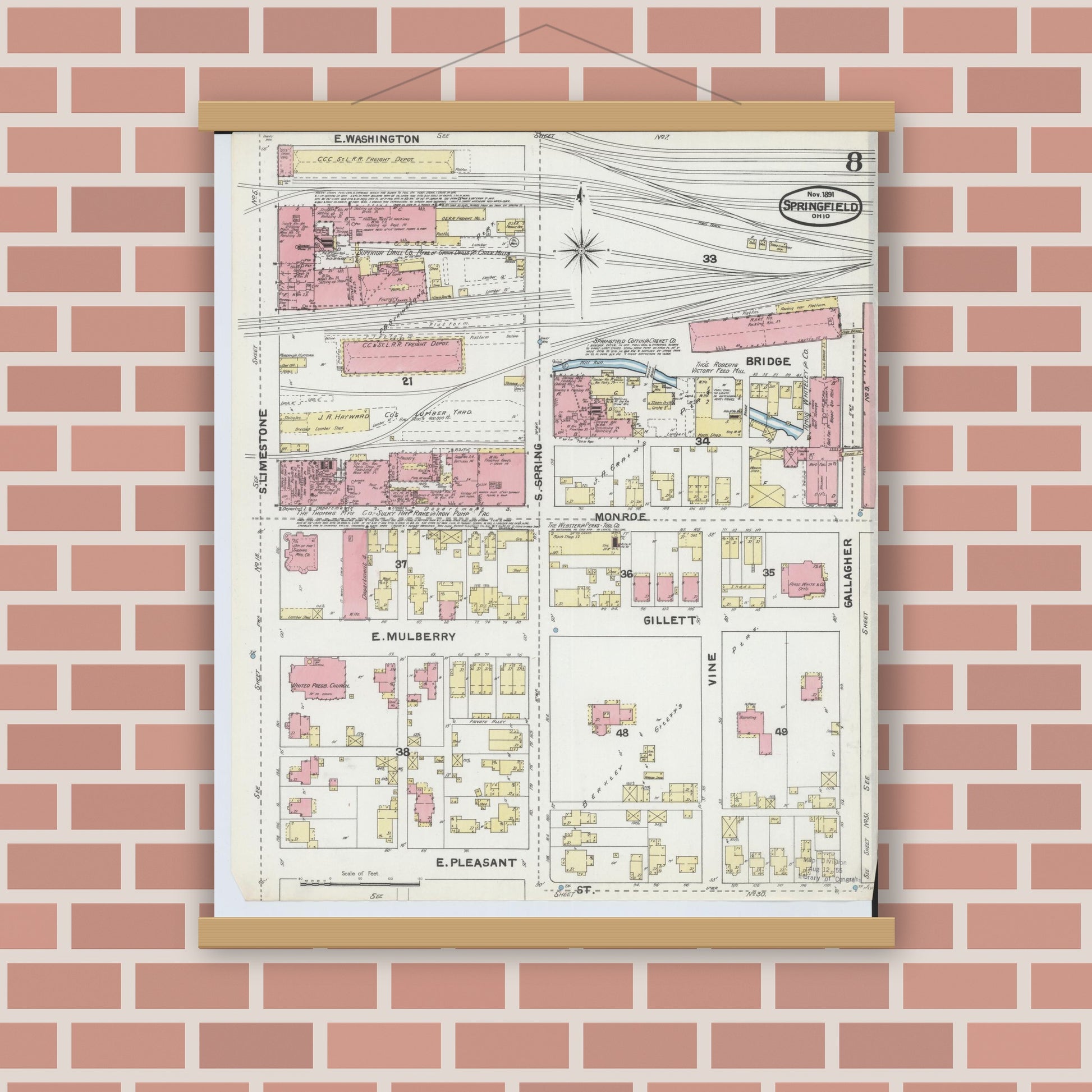 Old map wall art mockup — magnetic wood frame on brick wall — Sanborn Fire Insurance Map from Springfield, Clark County, Ohio (1891), Sheet #0008