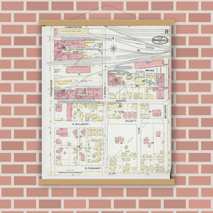 Old map wall art mockup — magnetic wood frame on brick wall — Sanborn Fire Insurance Map from Springfield, Clark County, Ohio (1891), Sheet #0008