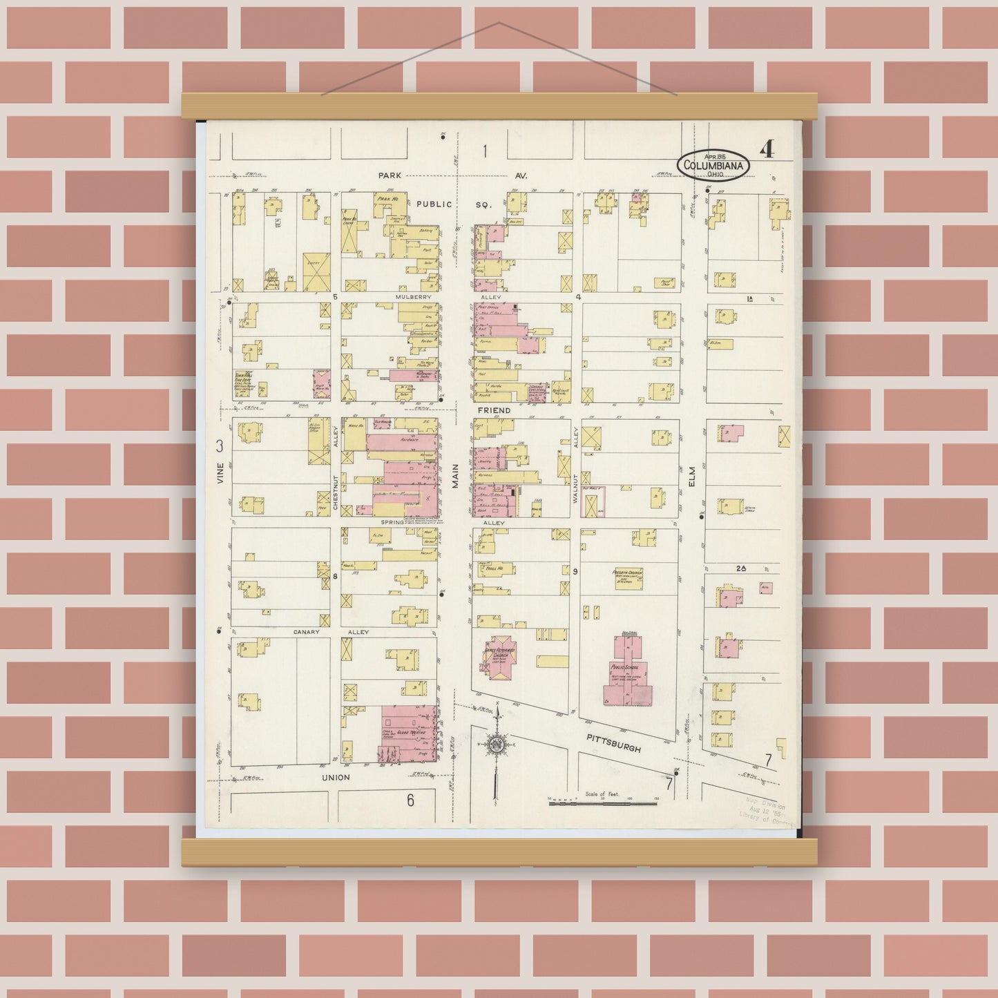 Old map wall art mockup — magnetic wood frame on brick wall — Sanborn Fire Insurance Map from Columbiana, Columbiana County, Ohio (1915), Sheet #0004