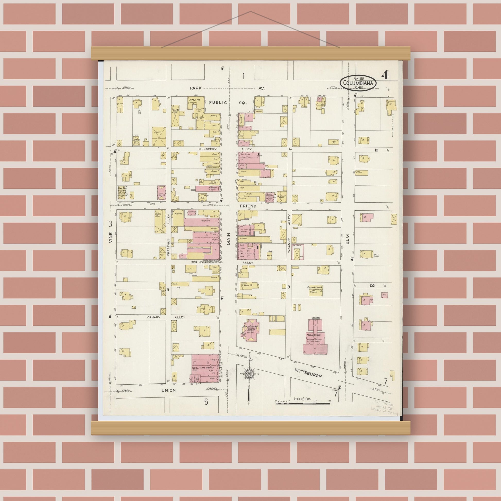 Old map wall art mockup — magnetic wood frame on brick wall — Sanborn Fire Insurance Map from Columbiana, Columbiana County, Ohio (1915), Sheet #0004