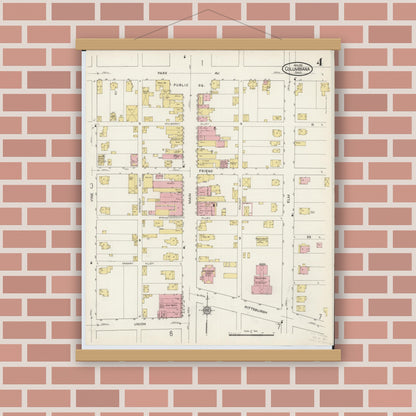 Old map wall art mockup — magnetic wood frame on brick wall — Sanborn Fire Insurance Map from Columbiana, Columbiana County, Ohio (1915), Sheet #0004