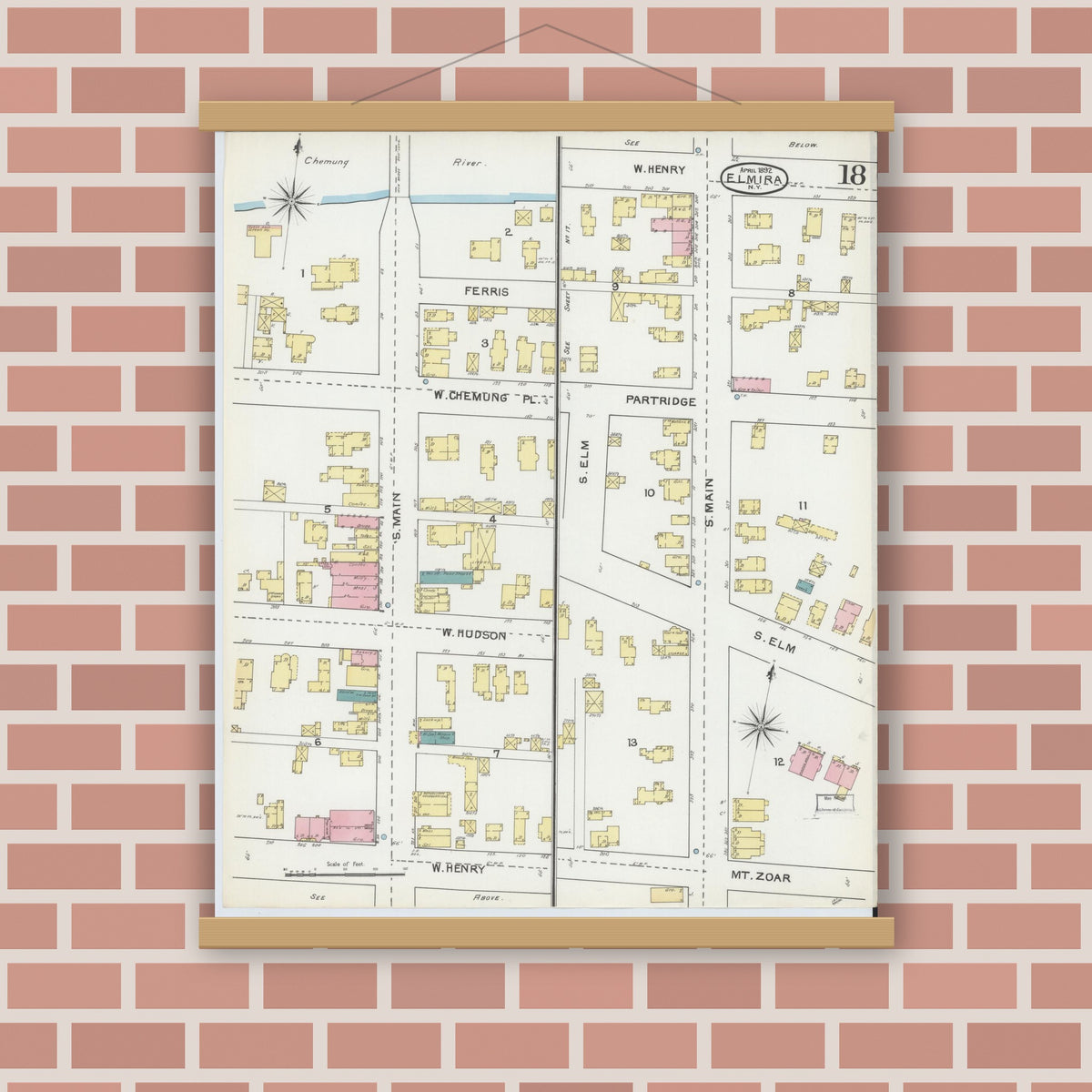 Old map wall art mockup — magnetic wood frame on brick wall — Sanborn Fire Insurance Map from Elmira, Chemung County, New York (1892), Sheet #0018