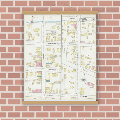 Old map wall art mockup — magnetic wood frame on brick wall — Sanborn Fire Insurance Map from Elmira, Chemung County, New York (1892), Sheet #0018