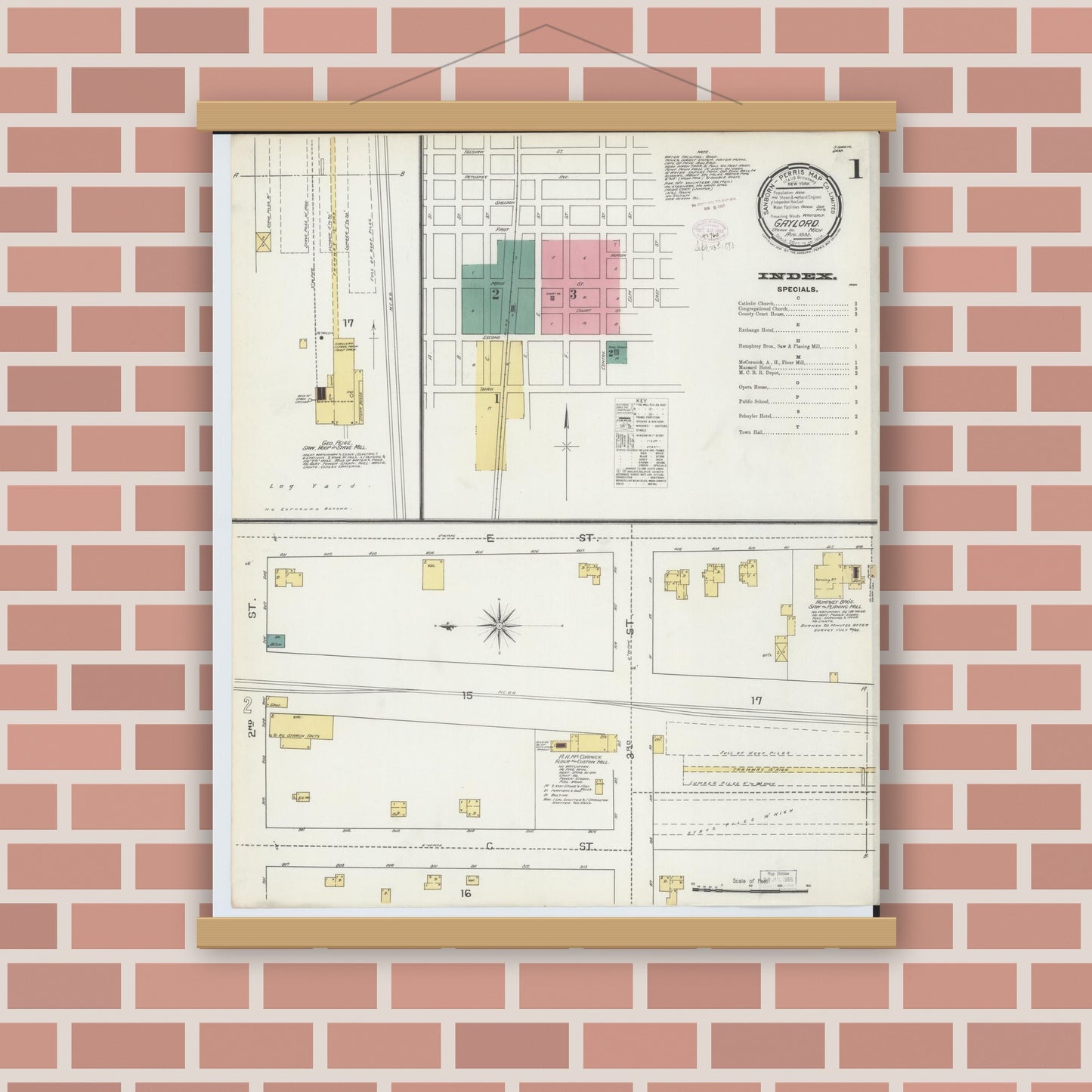 Old map wall art mockup — magnetic wood frame on brick wall — Sanborn Fire Insurance Map from Gaylord, Otsego County, Michigan (1893) - Complete Map Set