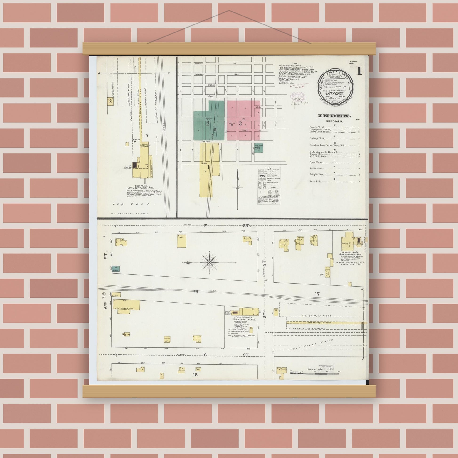Old map wall art mockup — magnetic wood frame on brick wall — Sanborn Fire Insurance Map from Gaylord, Otsego County, Michigan (1893) - Complete Map Set