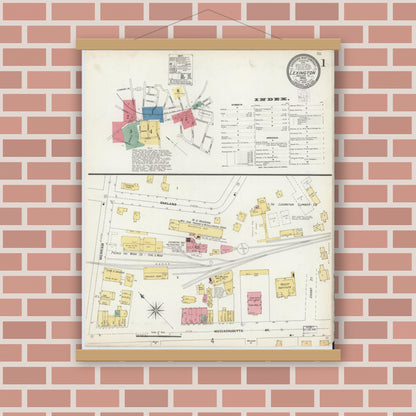 Old map wall art mockup — magnetic wood frame on brick wall — Sanborn Fire Insurance Map from Lexington, Middlesex County, Massachusetts (1903), Sheet #0001