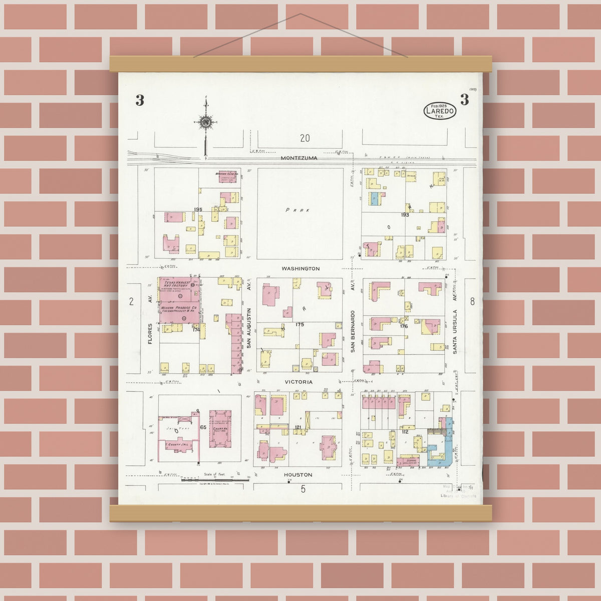 Old map wall art mockup — magnetic wood frame on brick wall — Sanborn Fire Insurance Map from Laredo, Webb County, Texas (1925), Sheet #0003